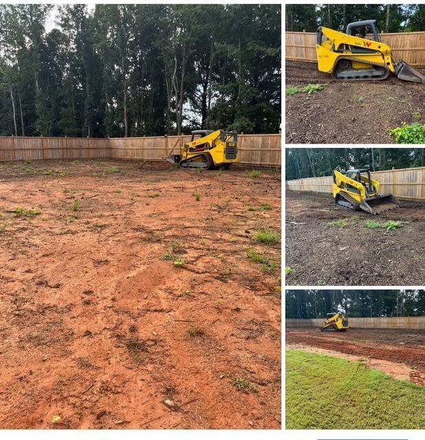 A yellow skid-steer loader works in a fenced backyard, clearing dirt and preparing the ground.