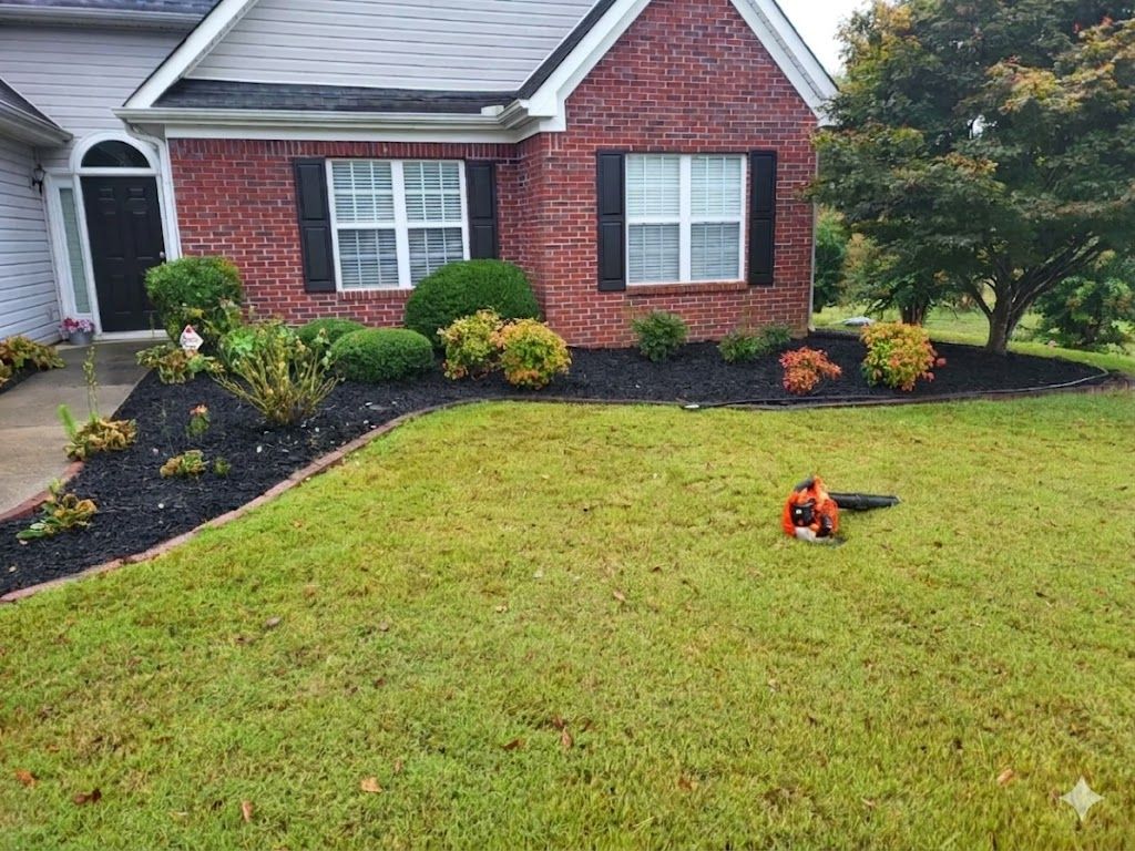 A small dog sits on a green lawn in front of a brick house with dark shutters and freshly mulched garden beds.