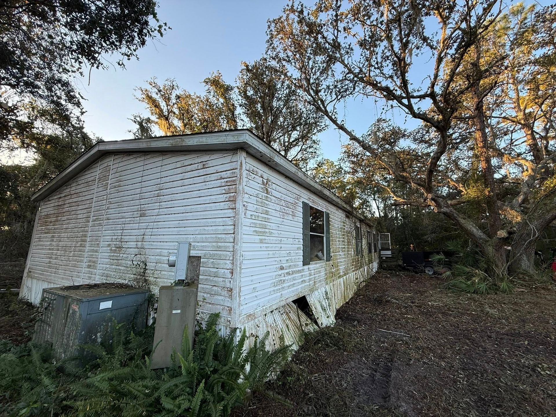 Dilapidated white mobile home in a wooded area, overgrown with foliage.
