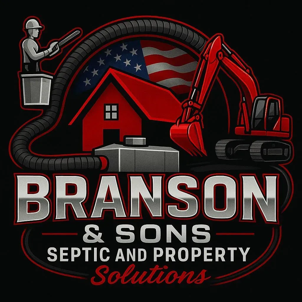 Logo: Septic service with house, American flag, excavator, worker, and 