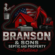 Logo: Septic service with house, American flag, excavator, worker, and