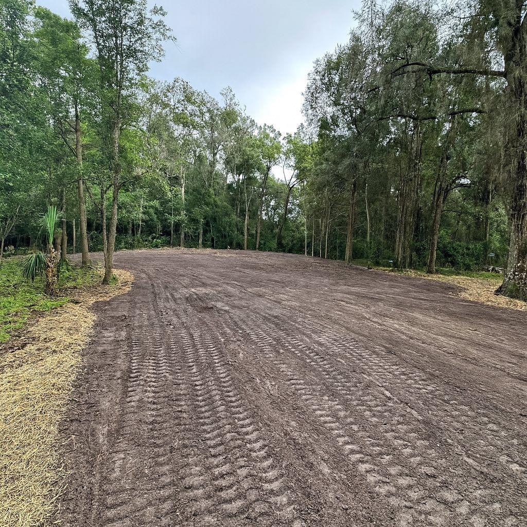 A small house with bare earth in front; a large tree stump is in the foreground.