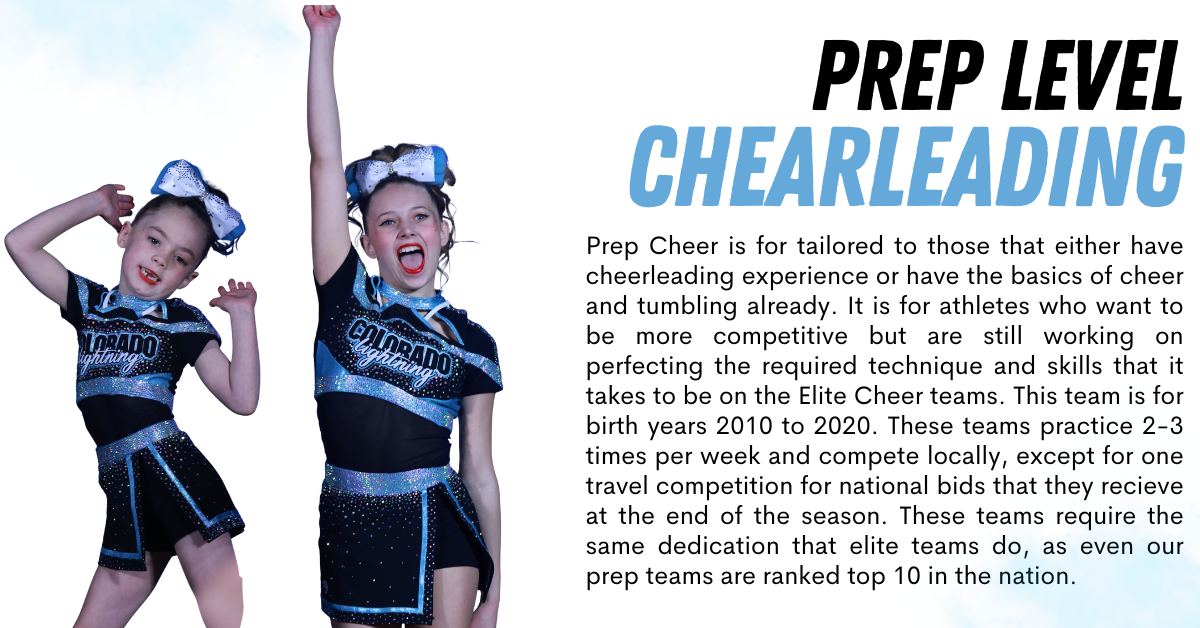 Two young cheerleaders in uniform, smiling, and posing. Text: Prep Level Cheerleading, details about the team's practice.