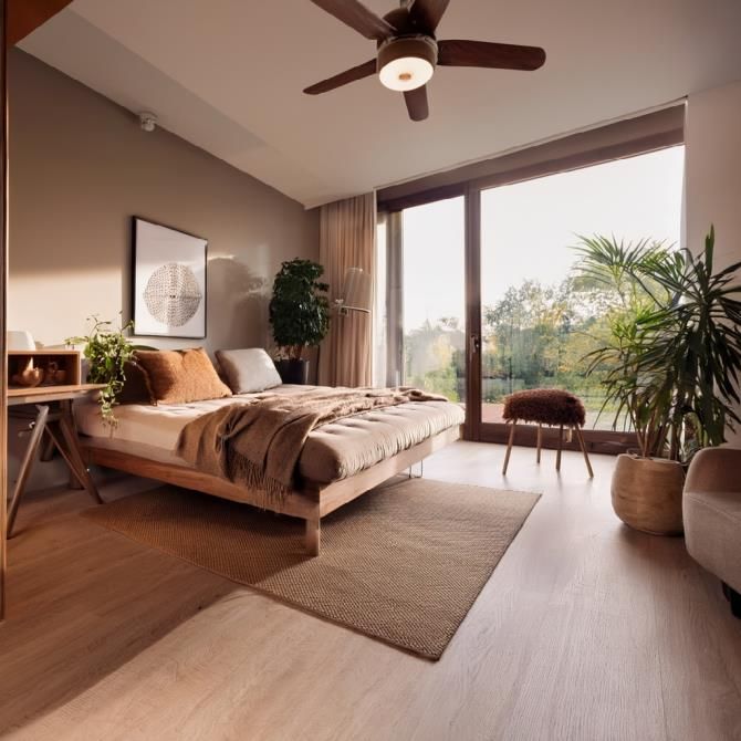 A bedroom with a large bed and a ceiling fan