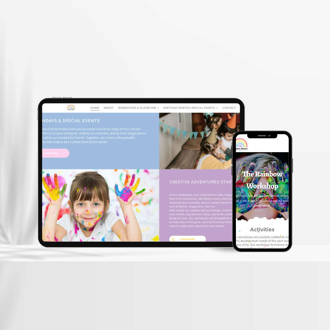 Tablet and phone displaying the website of The Rainbow Workshop, featuring photos of children with colorful art.