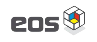 Un logo pour eos avec un cube coloré sur fond blanc.