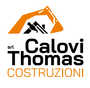 Logo per Calovi Thomas Costruzioni srl, con la silhouette di un escavatore arancione e l'icona di una casa nera, e il testo dell'azienda.