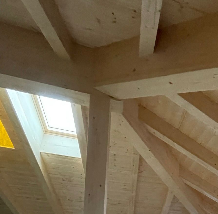 Vista interna con travi e capriate in legno a vista che sorreggono un soffitto con lucernario integrato.
