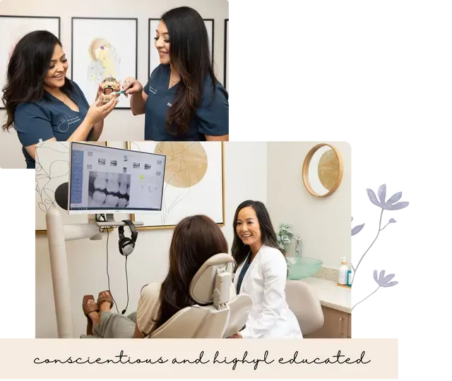 A woman is sitting in a dental chair talking to a dentist.