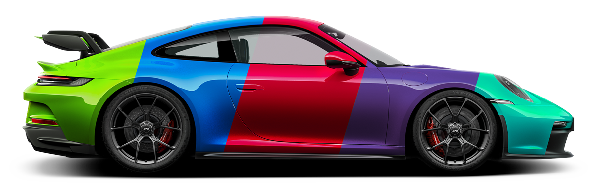 Multi-colored Porsche sports car on a white background.