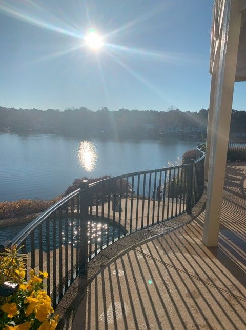A view of a lake from a balcony with a custom railing