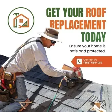 A man is working on a roof that says get your roof replacement today