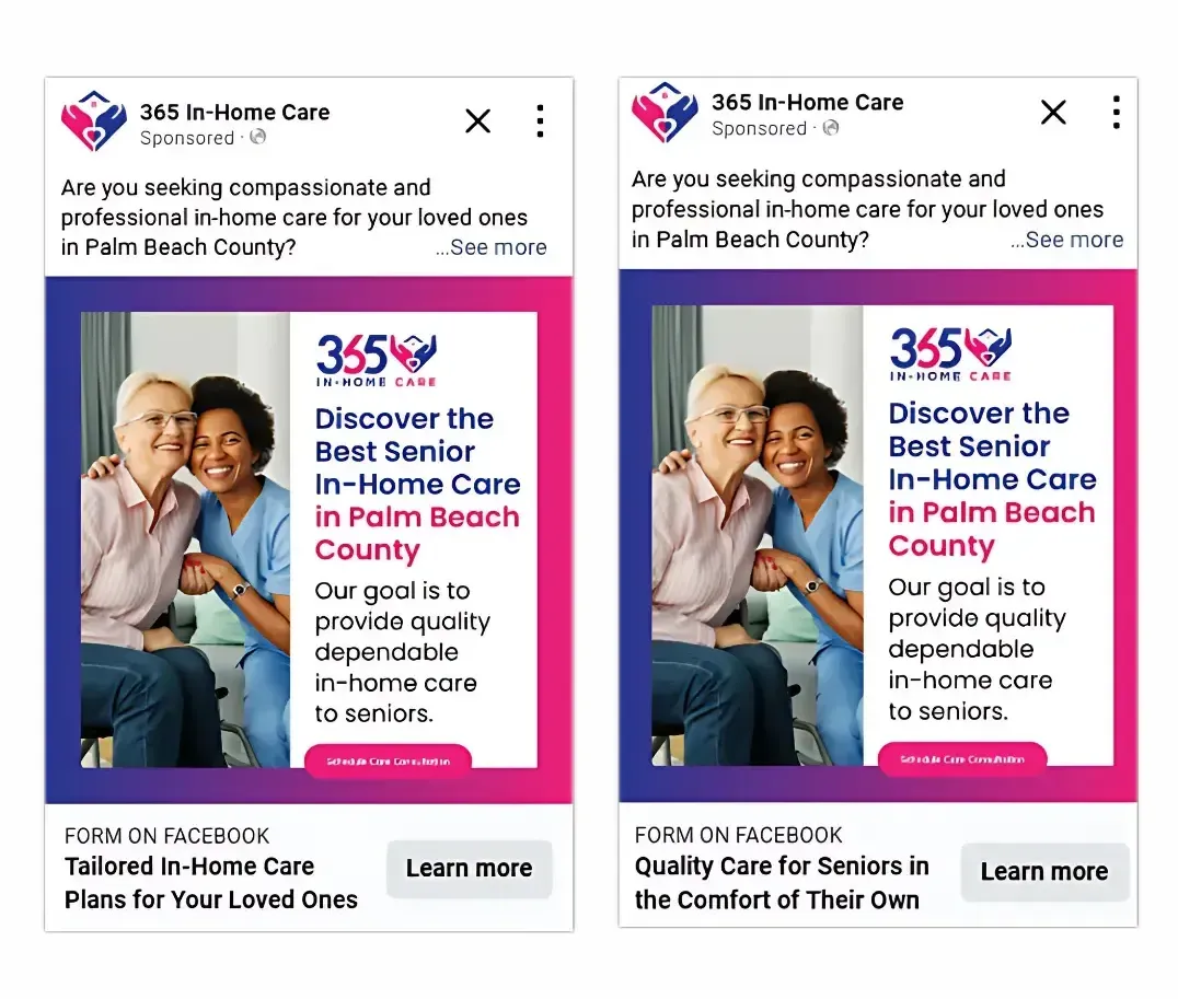 A couple of advertisements for 365 home care in palm beach county.