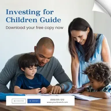 A family is sitting at a table with two children and a sign that says investing for children guide