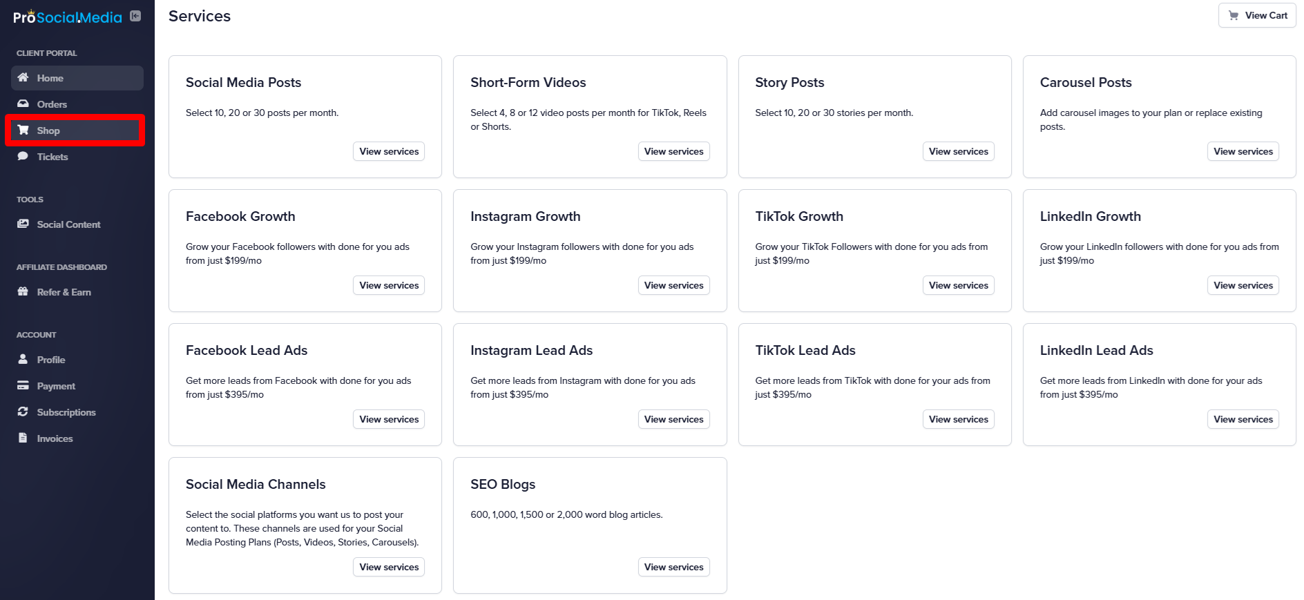 A screenshot of social media management services