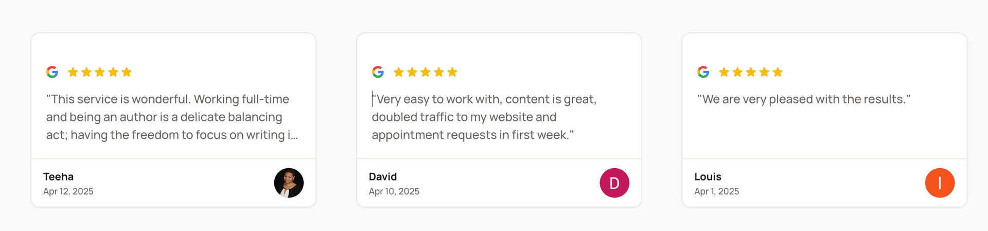 A screenshot of a google review page showing three reviews.
