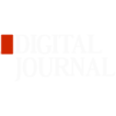 A white logo with a red square in the middle that says digital journal.