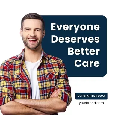 A man in a plaid shirt is smiling in front of a sign that says everyone deserves better care