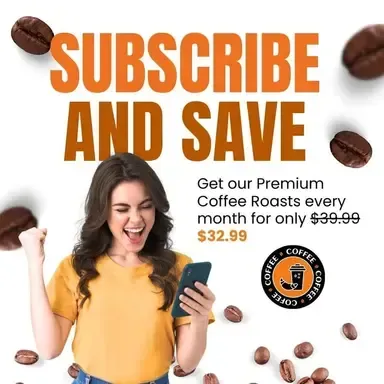 A woman is holding a cell phone in front of a sign that says subscribe and save
