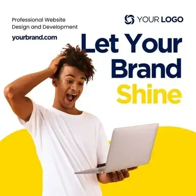 A man is holding a laptop with the words let your brand shine on the bottom