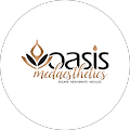 The logo for oasis medaesthetics is in a circle on a white background.