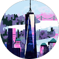 A painting of a city skyline with a very tall building in the middle of it.