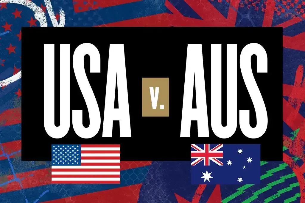 USA vs AUS matchup graphic with U.S. and Australian flags on a black and red background