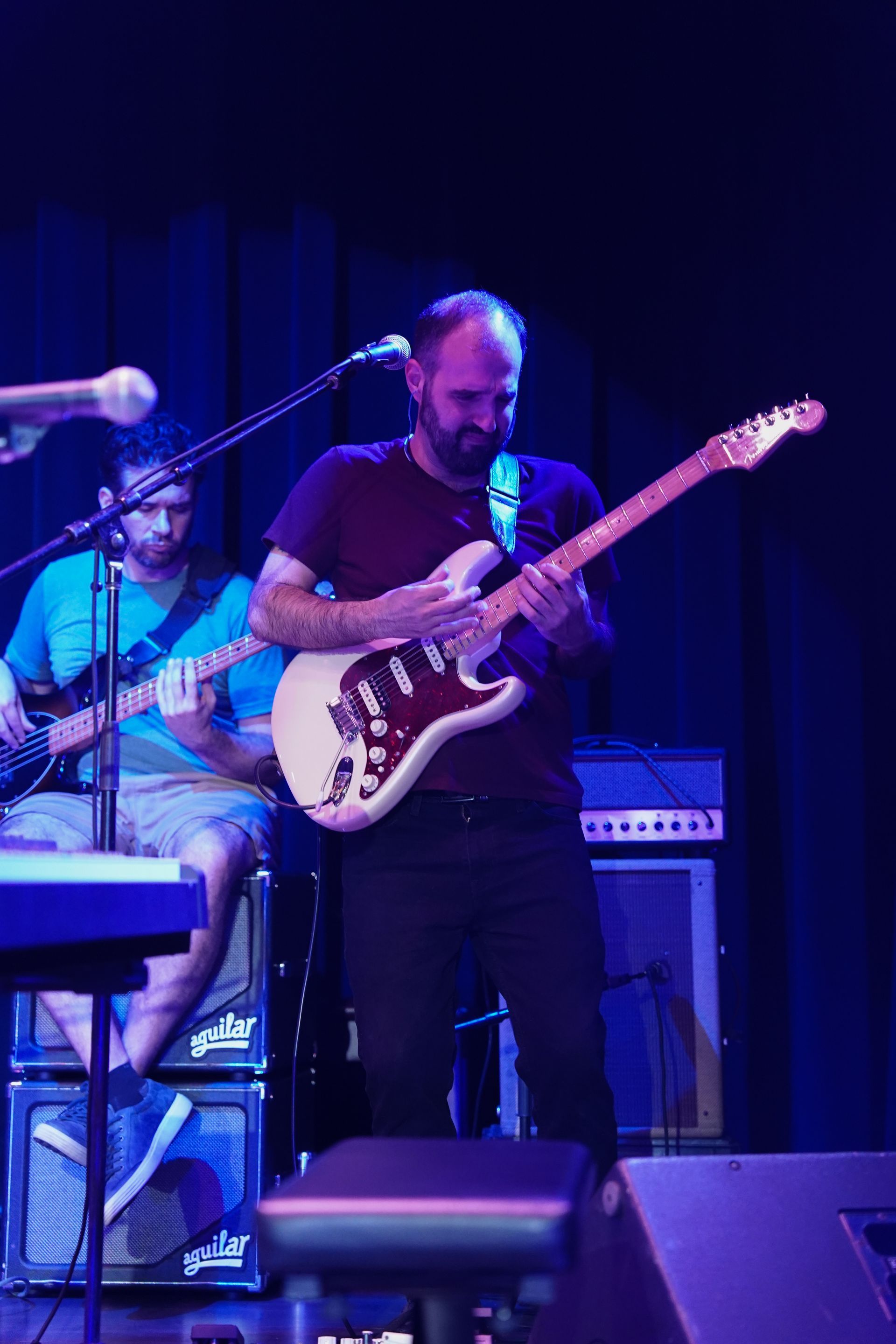 A man is playing a guitar on stage in front of a microphone.