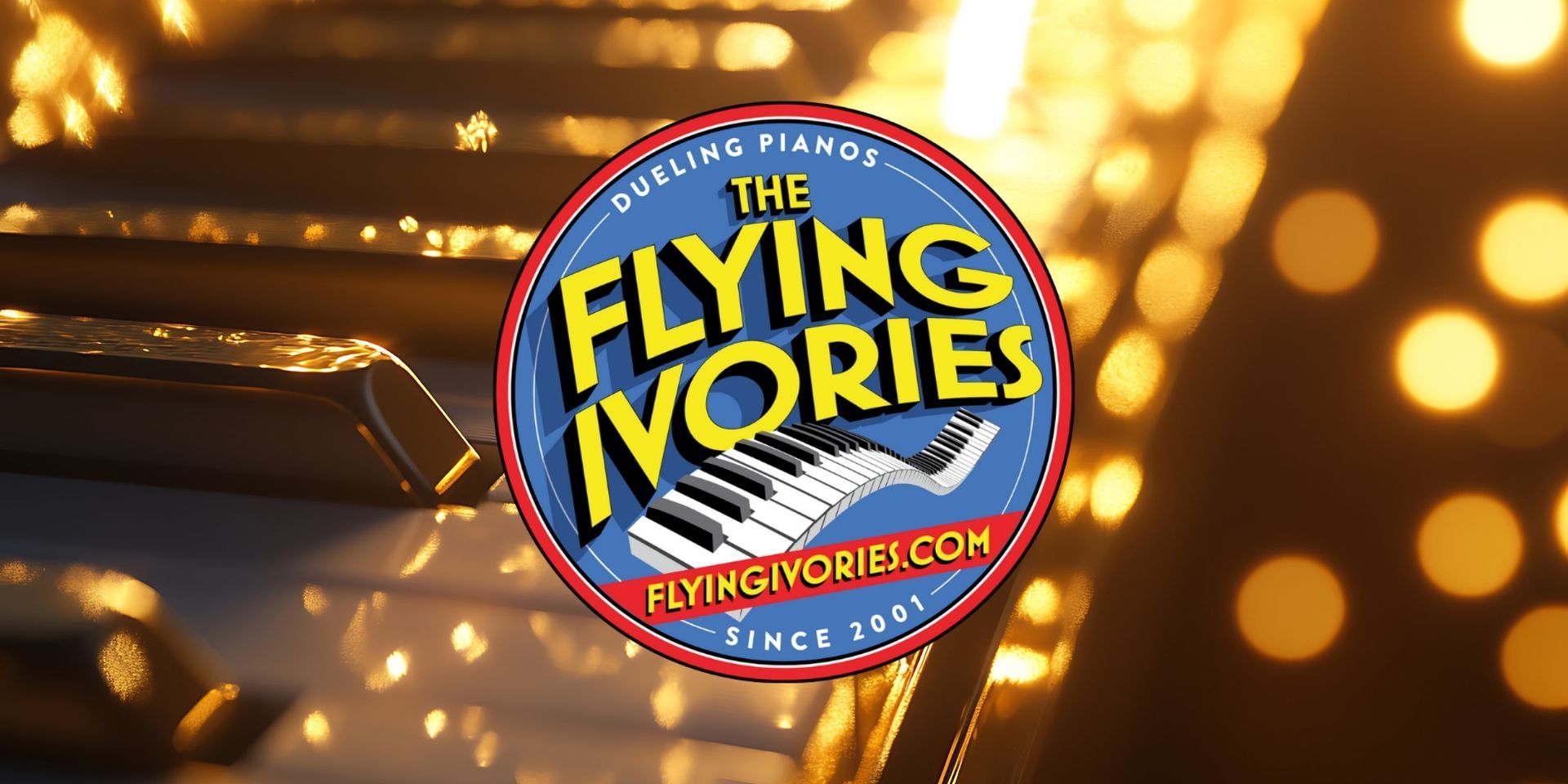 The Flying Ivories logo on a piano keyboard.