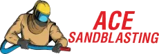A professional wearing protective sandblasting gear, holding a hose, next to the red text "ACE SANDBLASTING."