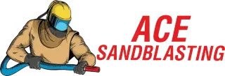 A professional wearing protective sandblasting gear, holding a hose, next to the red text "ACE SANDBLASTING."