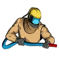 A worker in a tan protective suit and yellow safety helmet with a blue face shield holds a blue sandblasting hose.