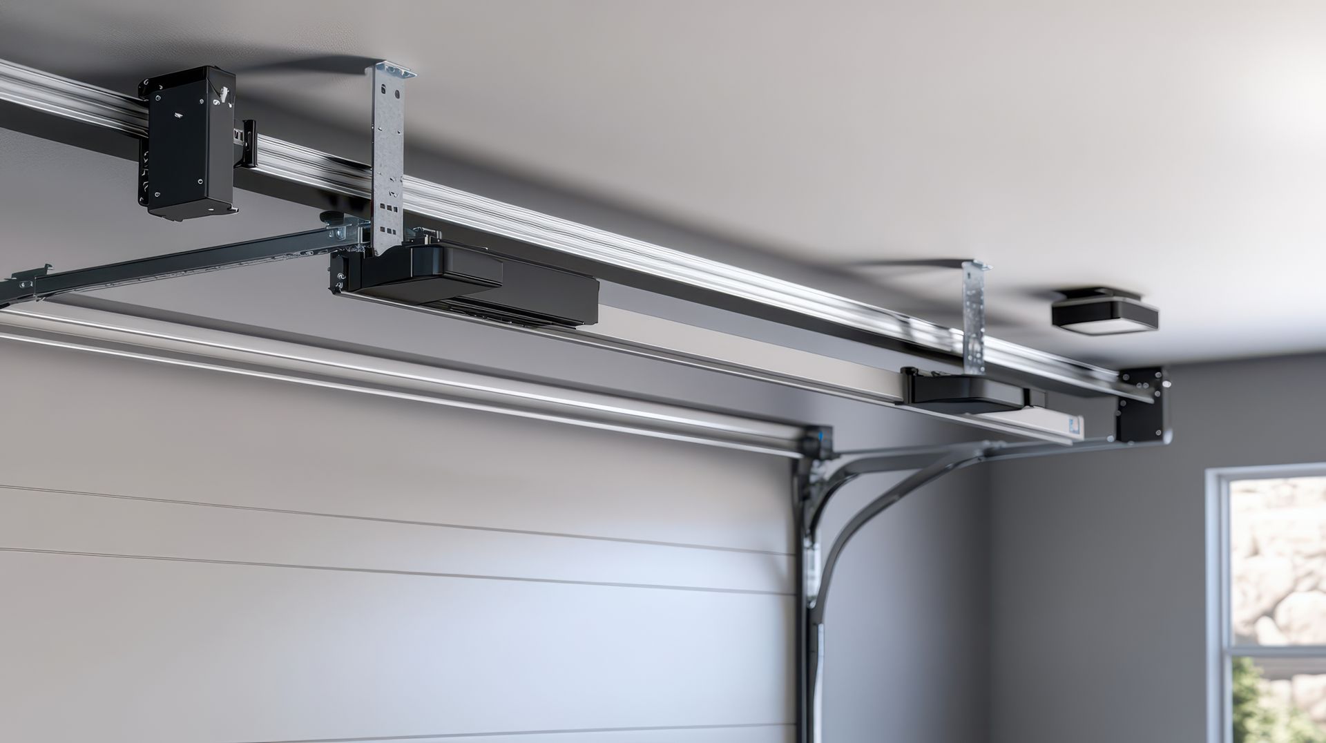 Modern garage door opener system installed on ceiling.