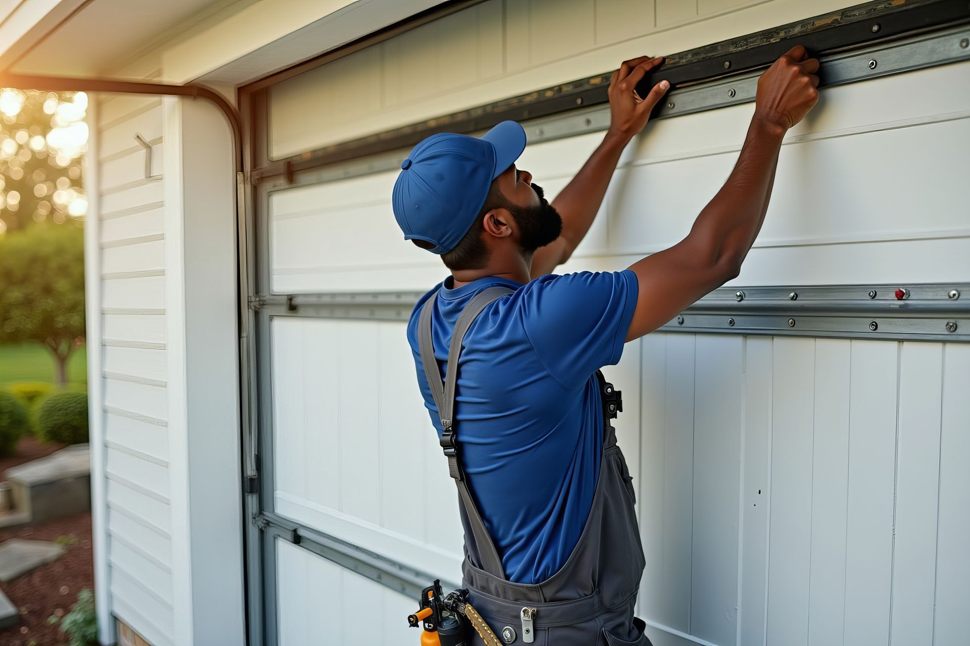 View of a garage door repairman installing a new garage door on a house.