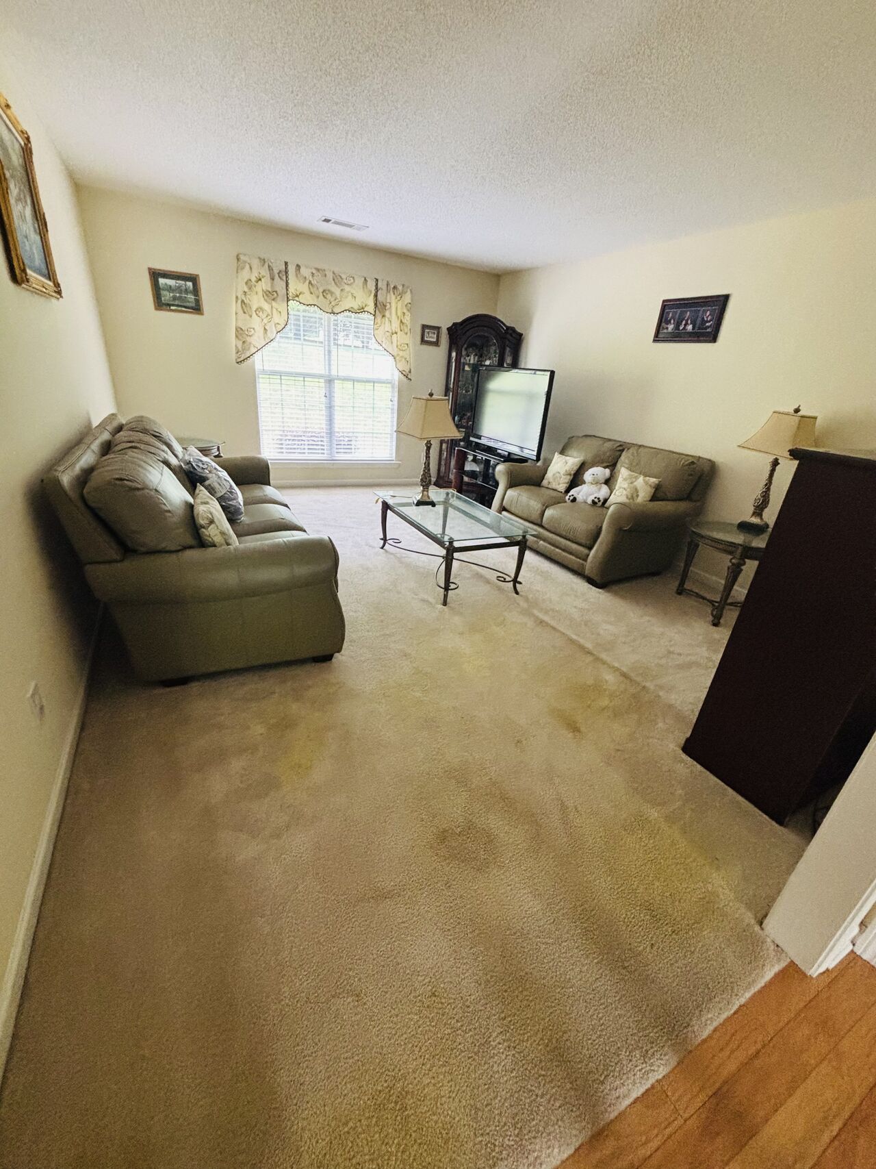 Living room with beige carpet, two sofas, a coffee table, and a window with curtains.
