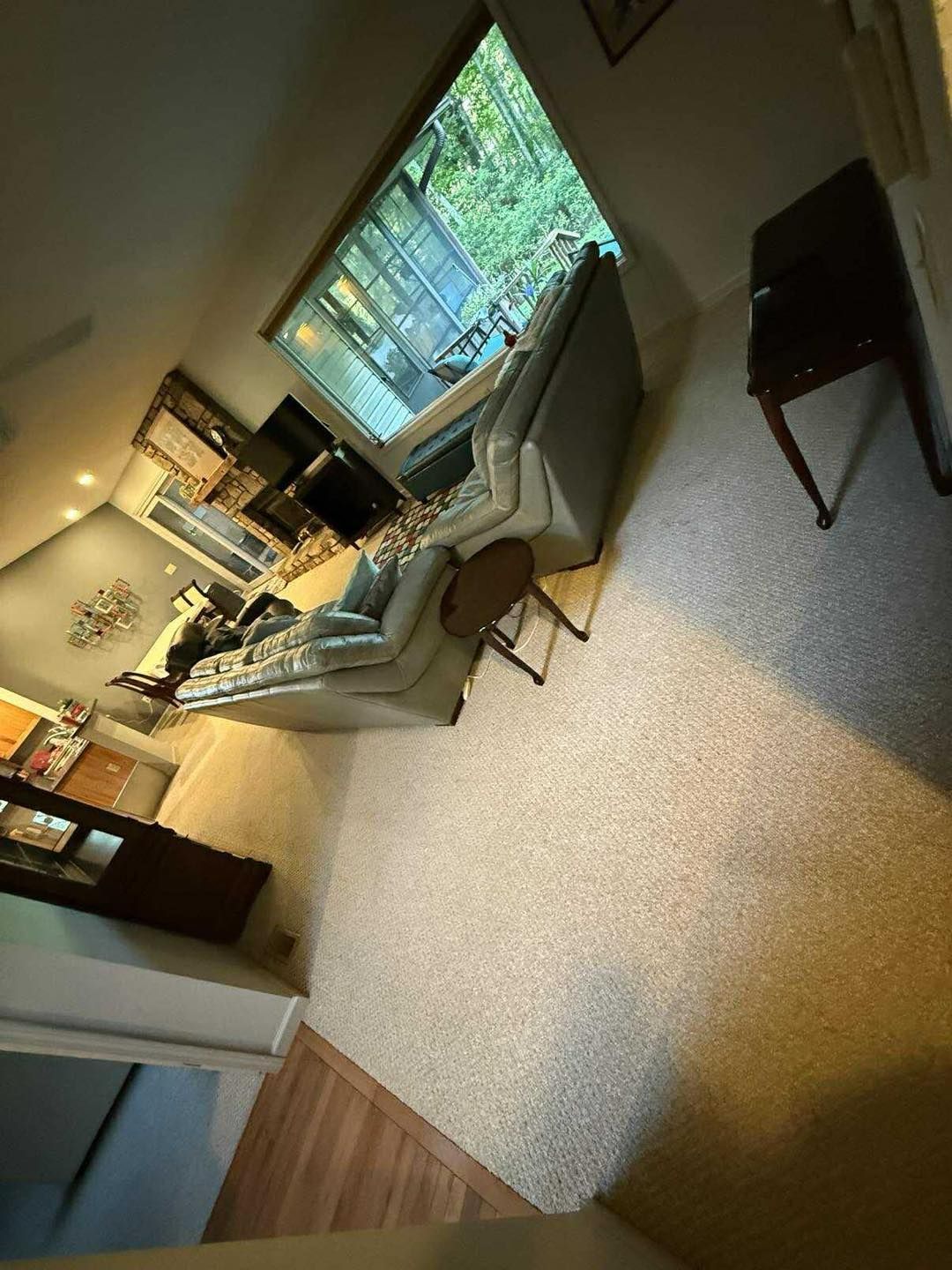 Living room with beige carpet, light gray sectional, and a view of trees through a large window.
