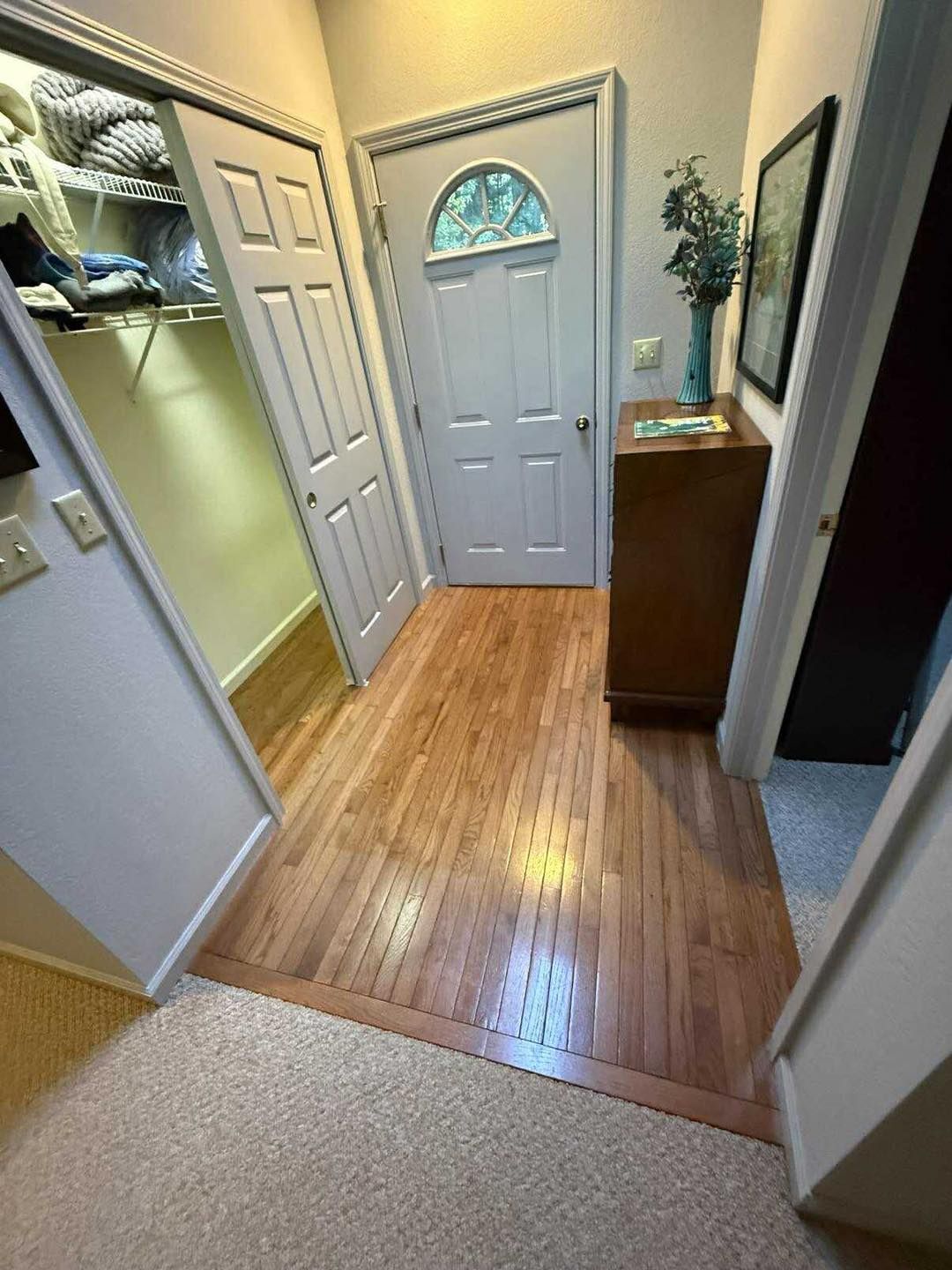 Hallway with hardwood floor leading to a white door. A closet and cabinet are visible.