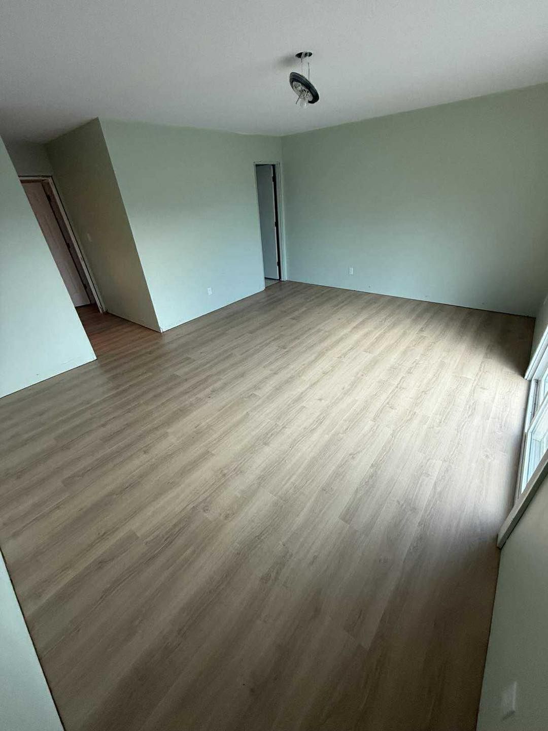 Empty room with light wood-look flooring and pale green walls. Two doorways are visible.