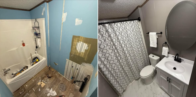 Bathroom before and after renovation. The