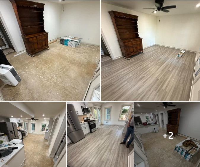 Room renovation: Old flooring removed, new light wood-look flooring installed. Kitchen & living areas.
