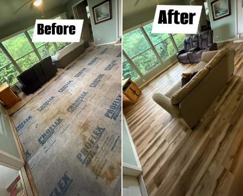 Comparison of a room before & after hardwood flooring installation. The 'before' has subfloor, 'after' has installed floors.
