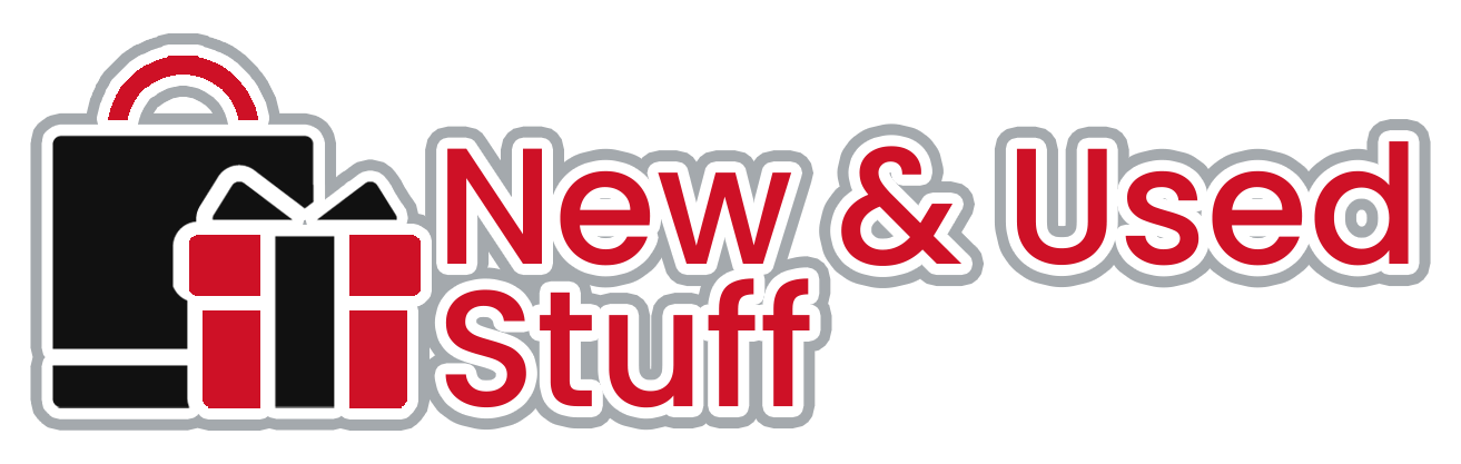 Logo with a shopping bag and gift icon, text: New & Used Stuff. Red, black, and white colors.