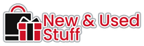 Logo with a shopping bag and gift icon, text: New & Used Stuff. Red, black, and white colors.