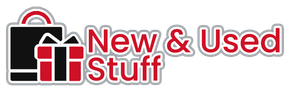 Logo with a shopping bag and gift icon, text: New & Used Stuff. Red, black, and white colors.