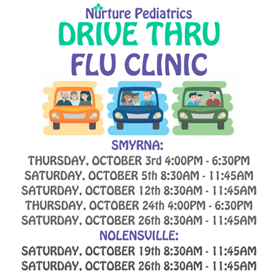 Nurture Pediatrics Drive-Thru Flu Clinic flyer listing dates and times for Smyrna and Nolensville locations.