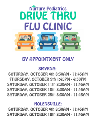 Flyer for Nurture Pediatrics Drive-Thru Flu Clinic, by appointment only, listing dates and times for Smyrna and Nolensville.
