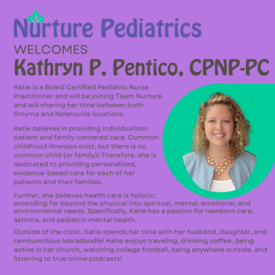A purple Nurture Pediatrics announcement for Kathryn P. Pentico, CPNP-PC, featuring her headshot in a teal circle.