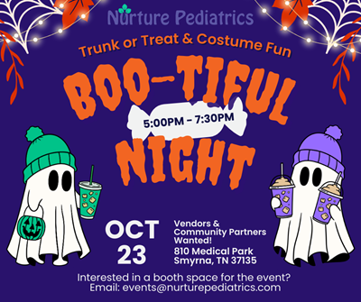Event flyer for Nurture Pediatrics' Trunk or Treat on Oct 23, 5:00-7:30 PM, at 810 Medical Park, Smyrna, TN.