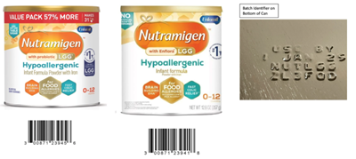 Two cans of Nutramigen hypoallergenic infant formula with a close-up of the batch identification and expiration date.