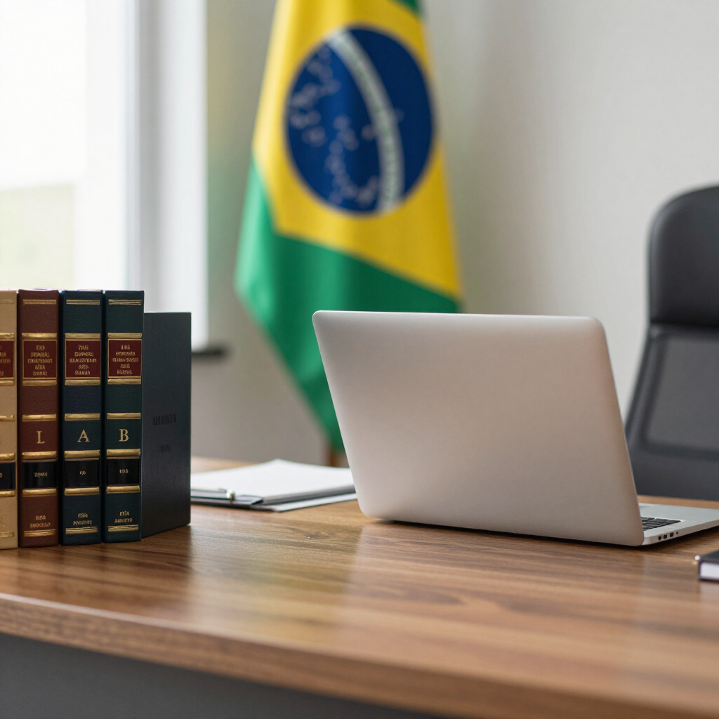 Mesa de escritório de advocacia com livros, laptop e bandeira do Brasil ao fundo.